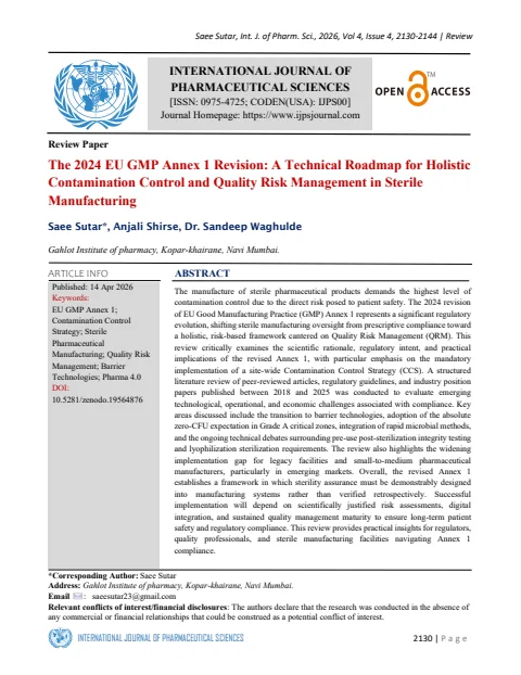 The 2024 EU GMP Annex 1 Revision: A Technical Roadmap for Holistic Contamination Control and Quality Risk Management in Sterile Manufacturing