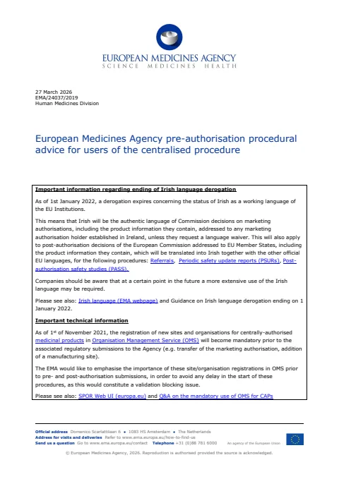 European Medicines Agency Pre-Authorisation Procedural Advice — cover