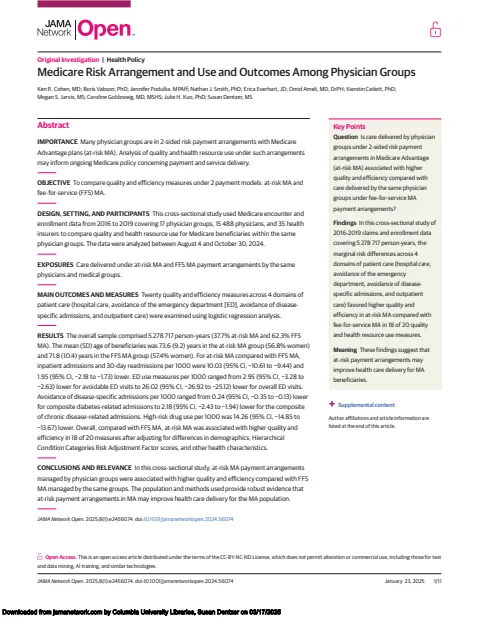 Medicare Risk Arrangement and Use and Outcomes Among Physician Groups