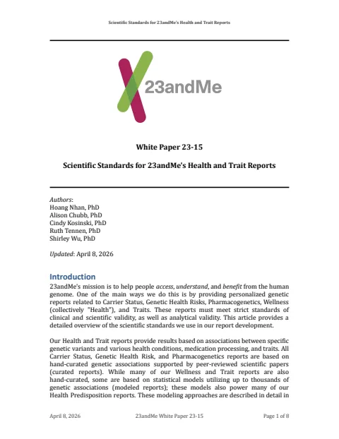 Scientific Standards for 23andMe's Health and Trait Reports — cover