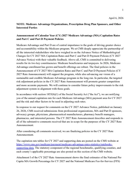 Announcement of Calendar Year (CY) 2027 Medicare Advantage (MA) Capitation Rates and Part C and Part D Payment Policies — cover
