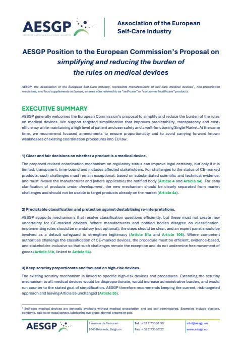AESGP Position on Commission Proposal for Simplification of MDR