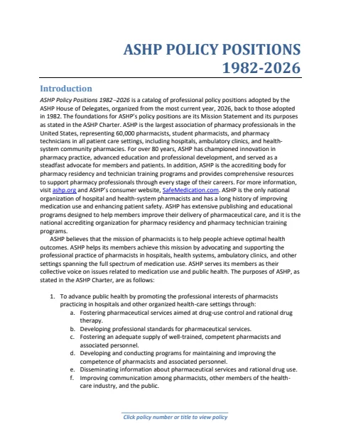 ASHP Policy Positions 1982-2026 — cover