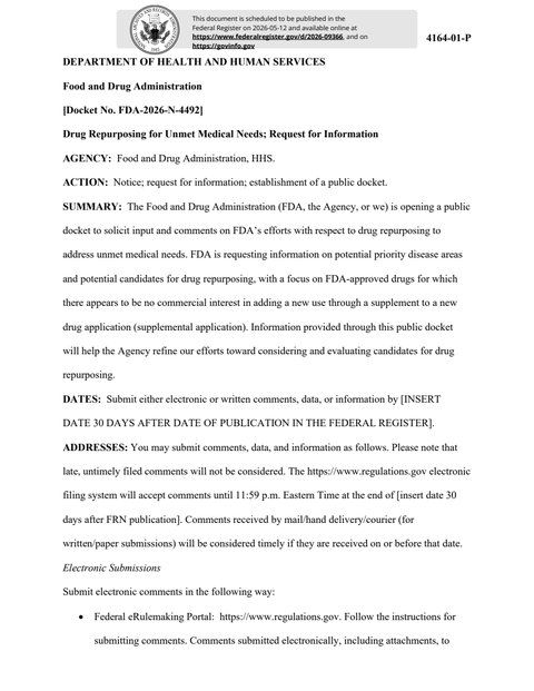 FDA Seeks Input on Drug Repurposing for Unmet Medical Needs — cover