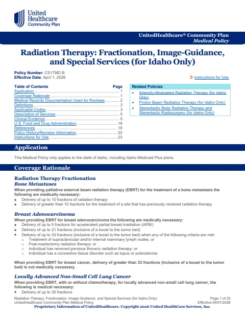 Radiation Therapy: Fractionation, Image-Guidance, and Special Services (Idaho Only)