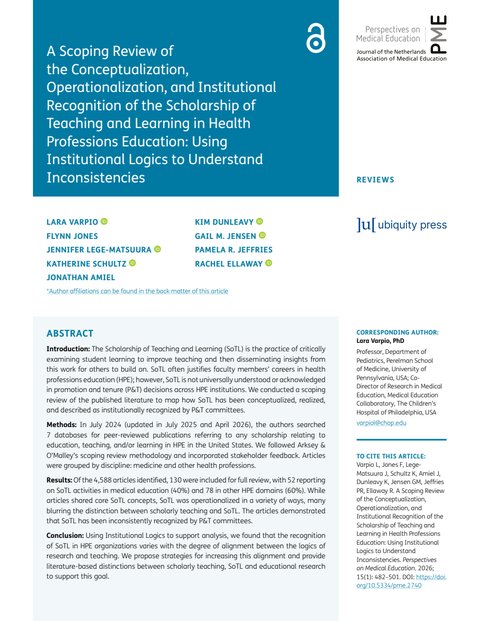Institutional Recognition of SoTL in Health Professions Education: Scoping Review for Education — cover